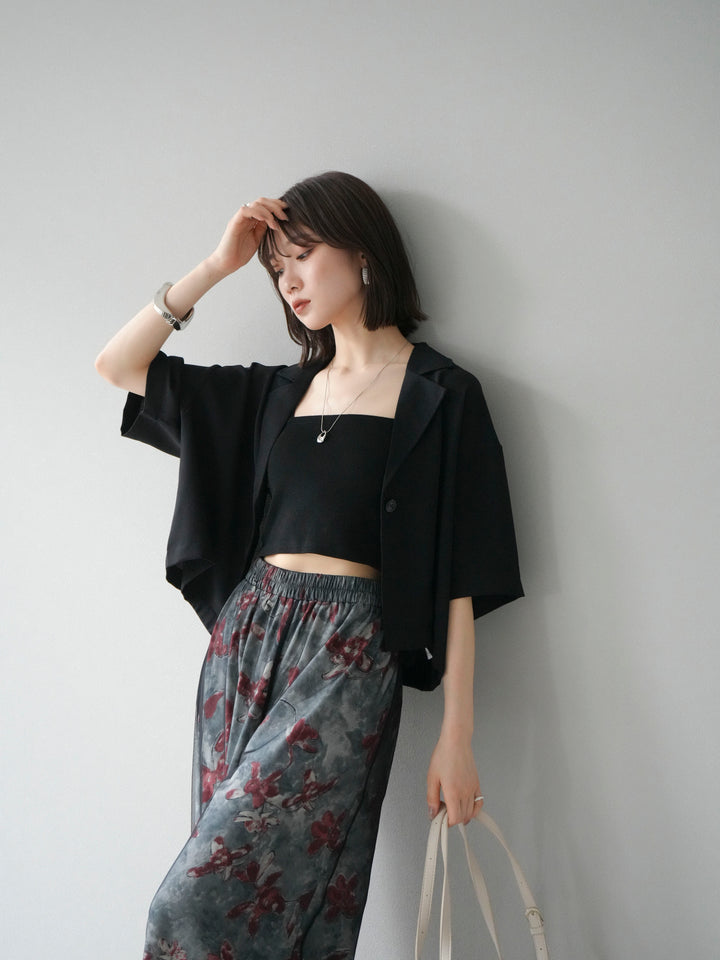 [SET]ハーフショートジャケット+フラワープリントチュールレイヤードパンツ(2set)