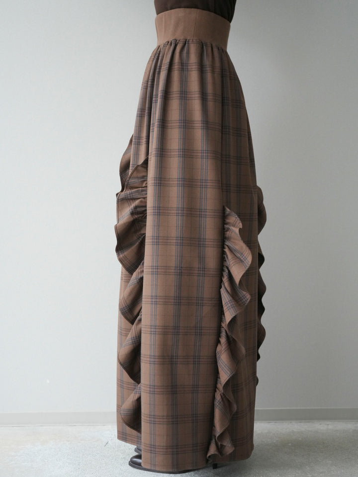 [予約]チェック柄フリルハイウエストマキシスカート/lightbrown