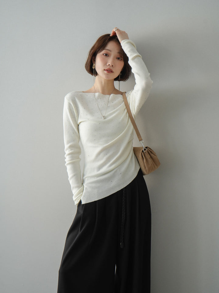 [予約]ラインストーンアシンメトリーニットトップス/ivory
