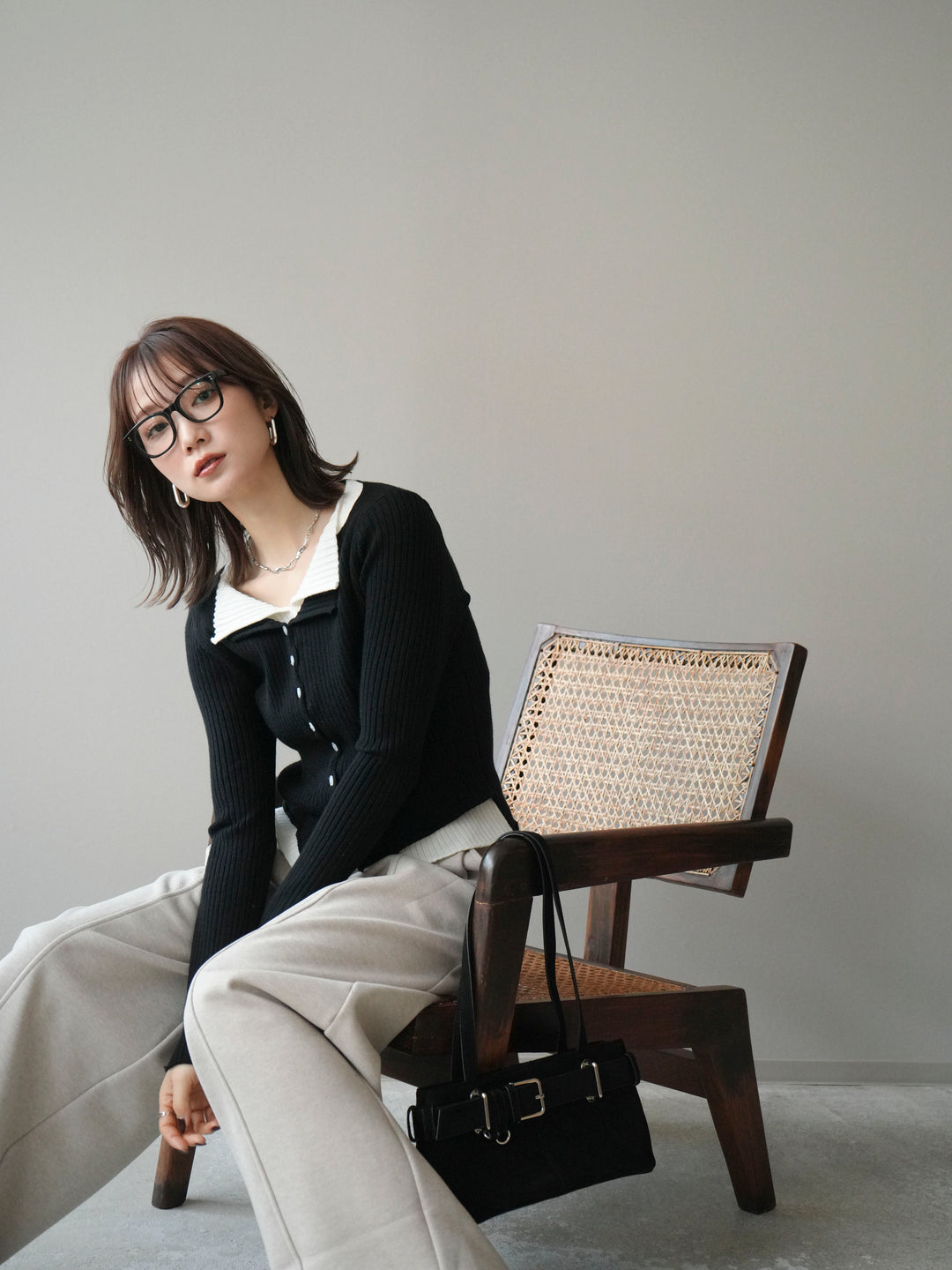 [予約]配色レイヤードリブニットカーディガン/black