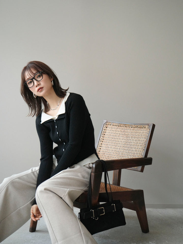 [予約]配色レイヤードリブニットカーディガン/black