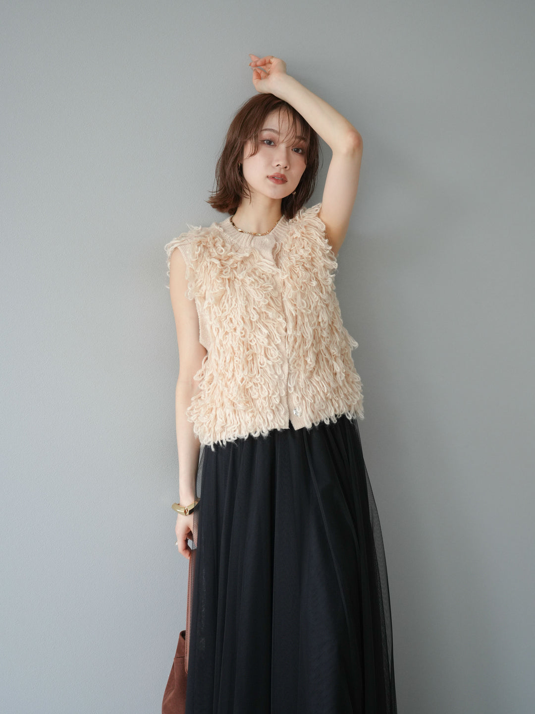 [SET] 前開衩針織背心 + 薄紗蓬鬆裙 (2 件套)