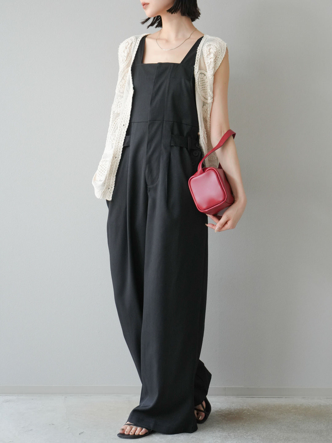 【預購】皮帶設計工裝褲/黑色