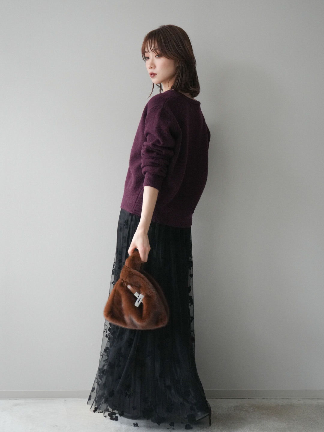 [SET]アンティークボタンニットカーディガン+フラワーフロッキーチュールプリーツスカート(2set)