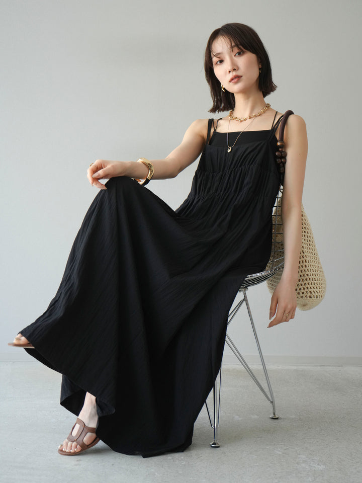 [SET]レーヨンシャーリングキャミワンピース+カップ付きバッククロスキャミソール(2set)