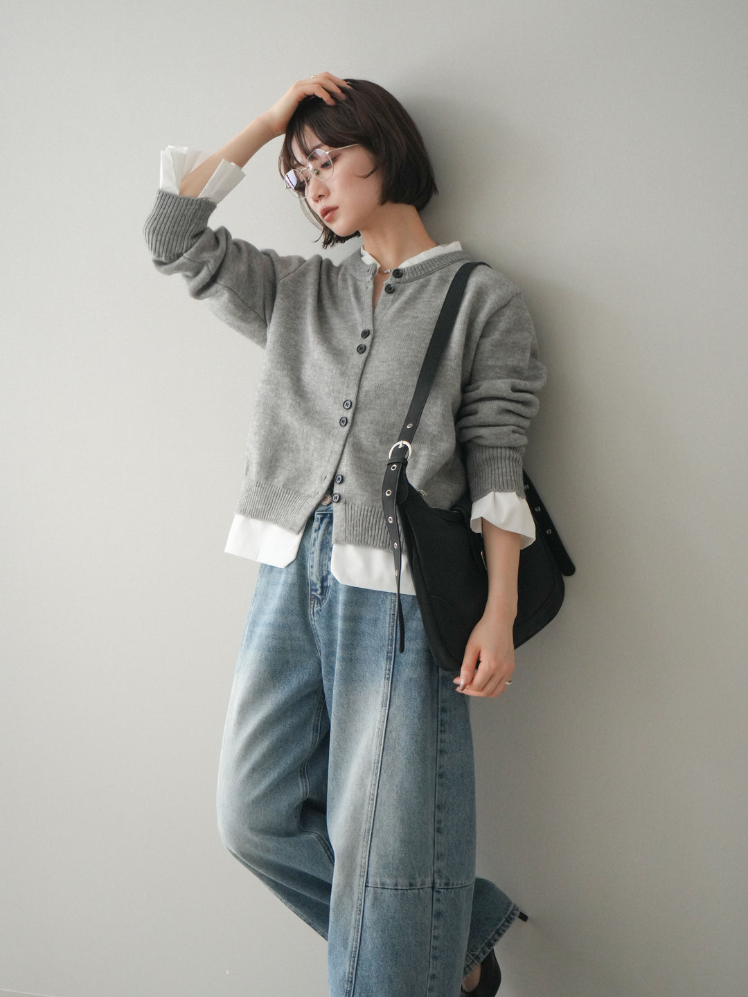 [SET]布帛ドッキングニットカーディガン+ガーメントウォッシュカーブデニムパンツ(2set)