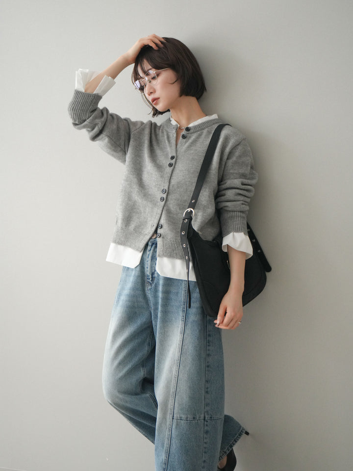 [SET]布帛ドッキングニットカーディガン+ガーメントウォッシュカーブデニムパンツ(2set)