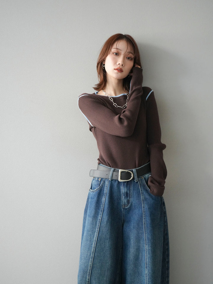 [予約]バイカラークルーネックリブニットトップス/brown