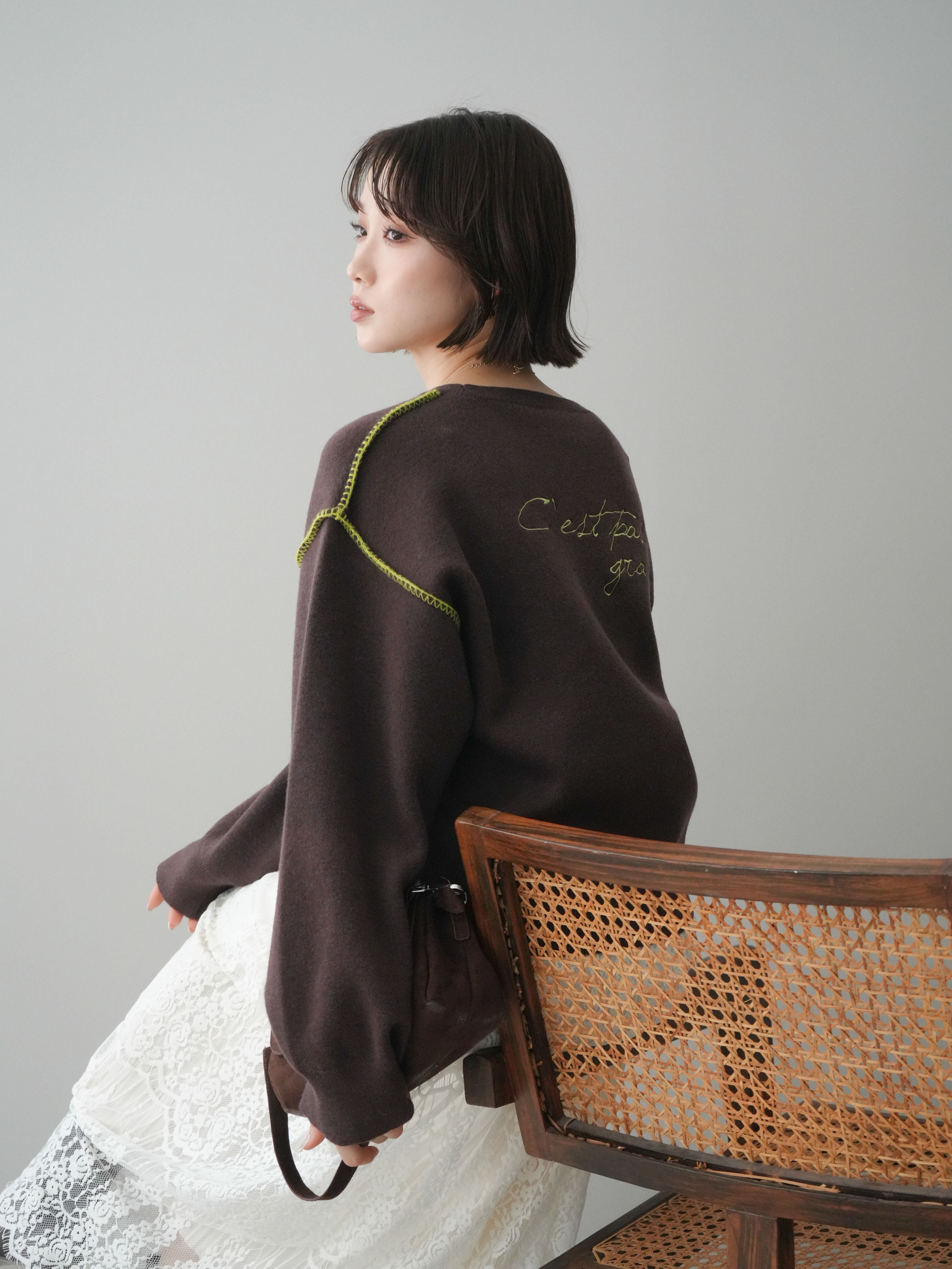 予約]バックロゴ刺繍配色ステッチニットプルオーバー/brown – Lumier