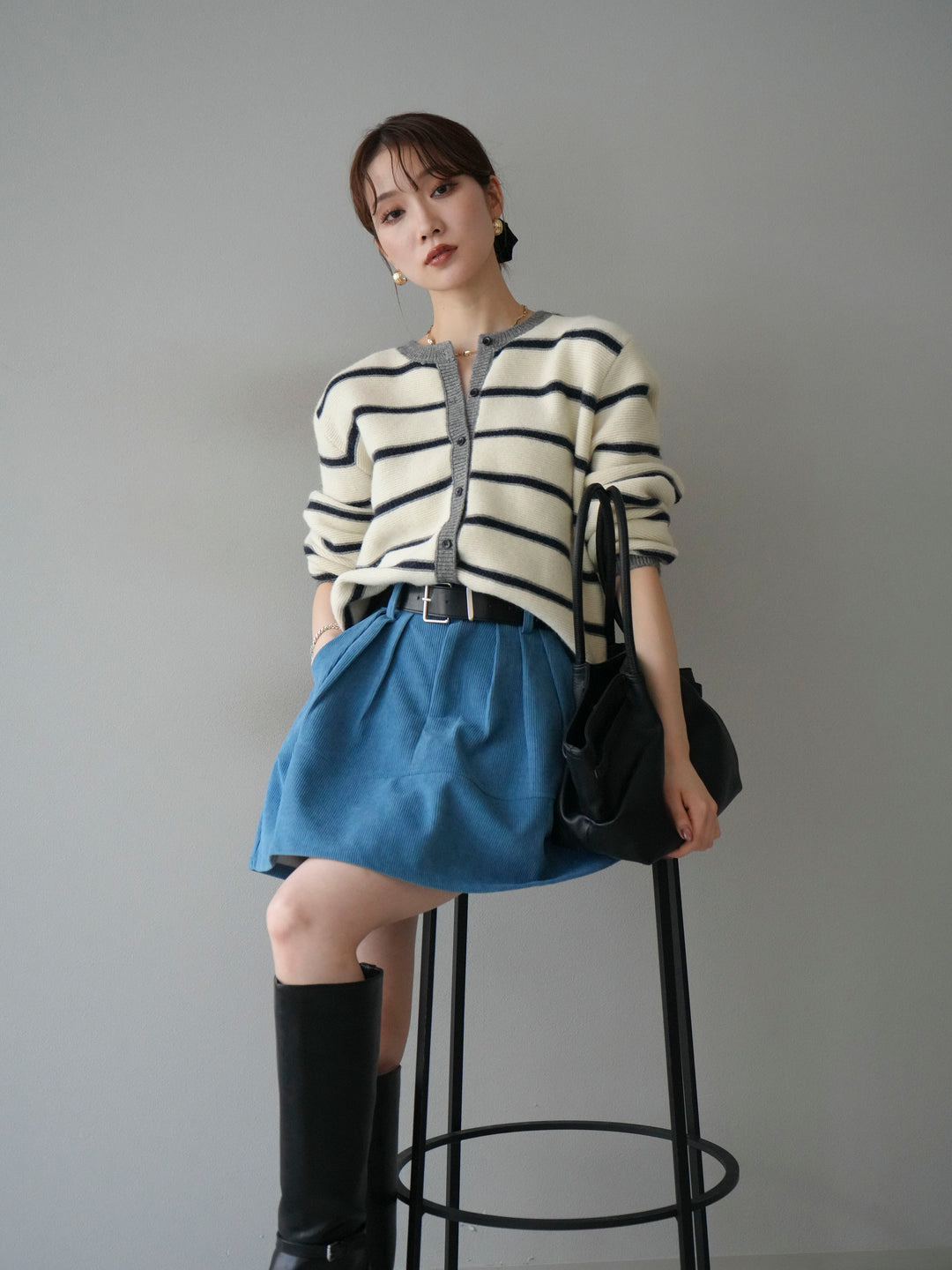 [予約]配色ボーダーニットカーディガン/apricot