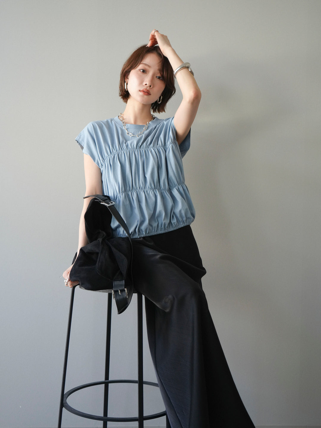 [SET]ギャザーフレンチスリーブカットソー+選べるアクセセット(2set)