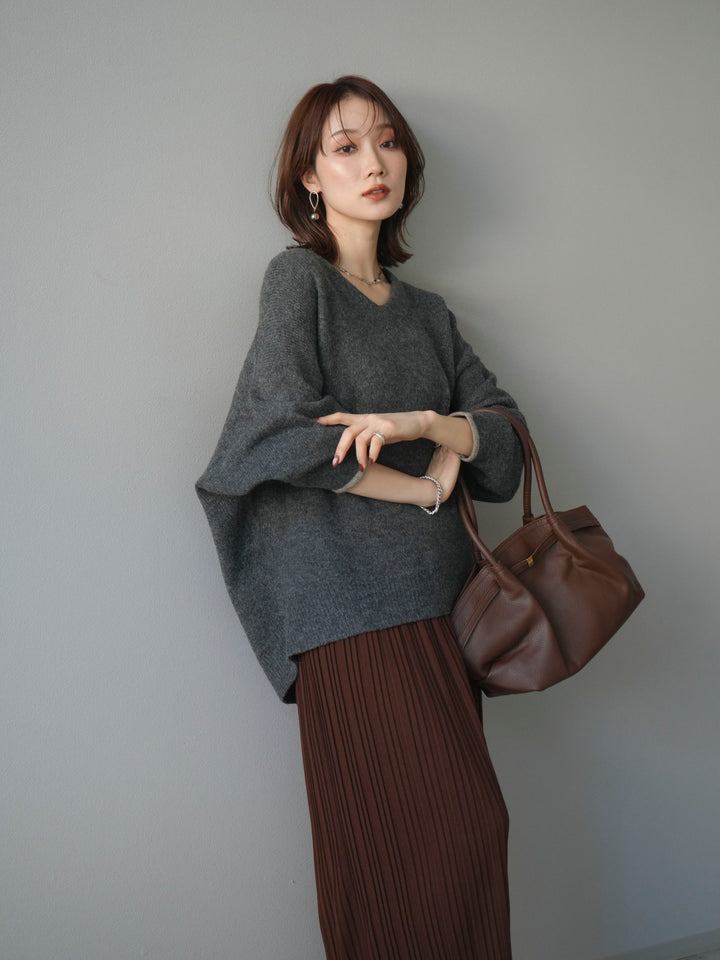 [SET]Vネック配色スリーブニットプルオーバー+選べるアクセセット(2set)