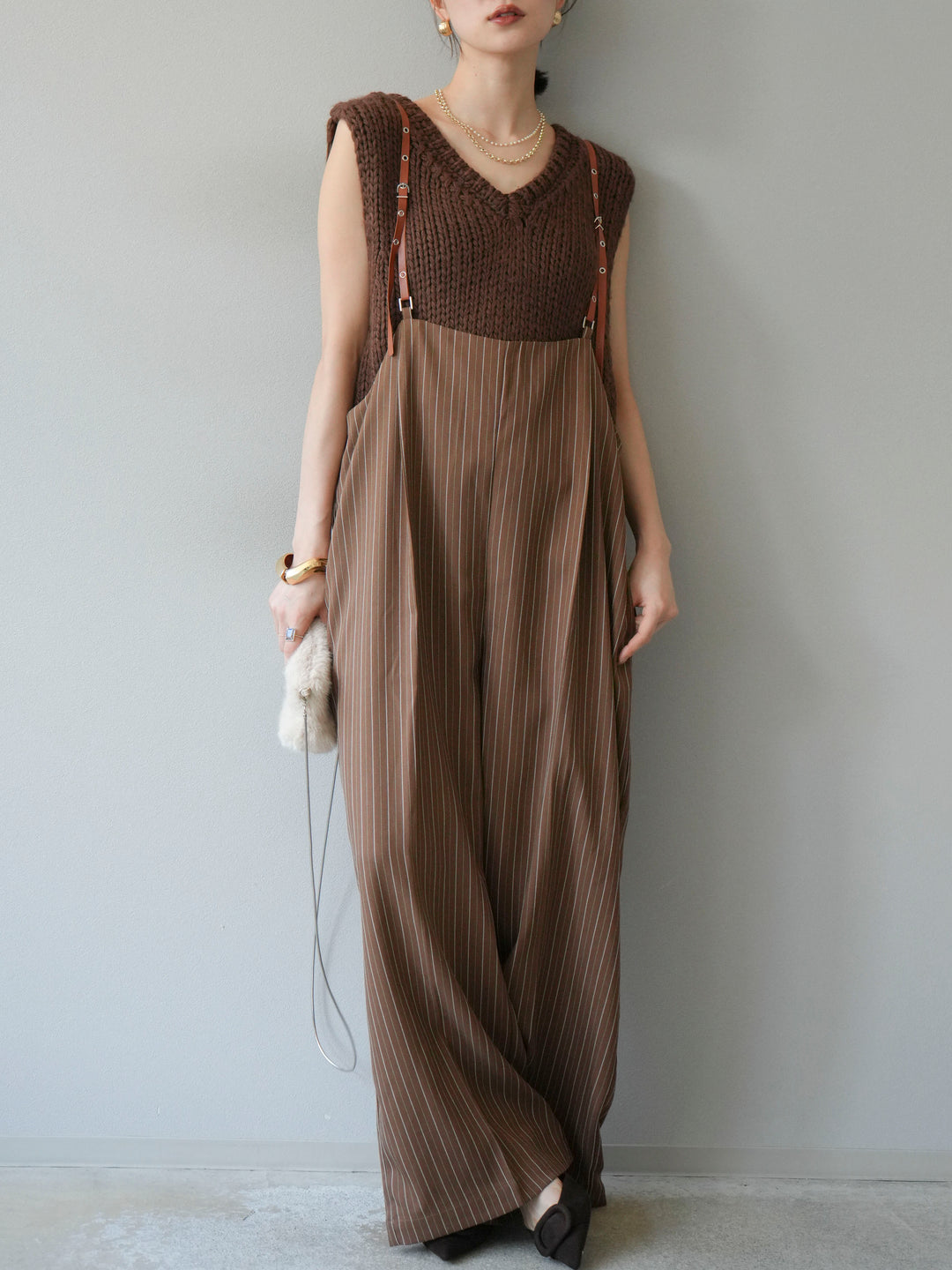 [予約]ヘリンボーンストライプサロペット/ブラウン