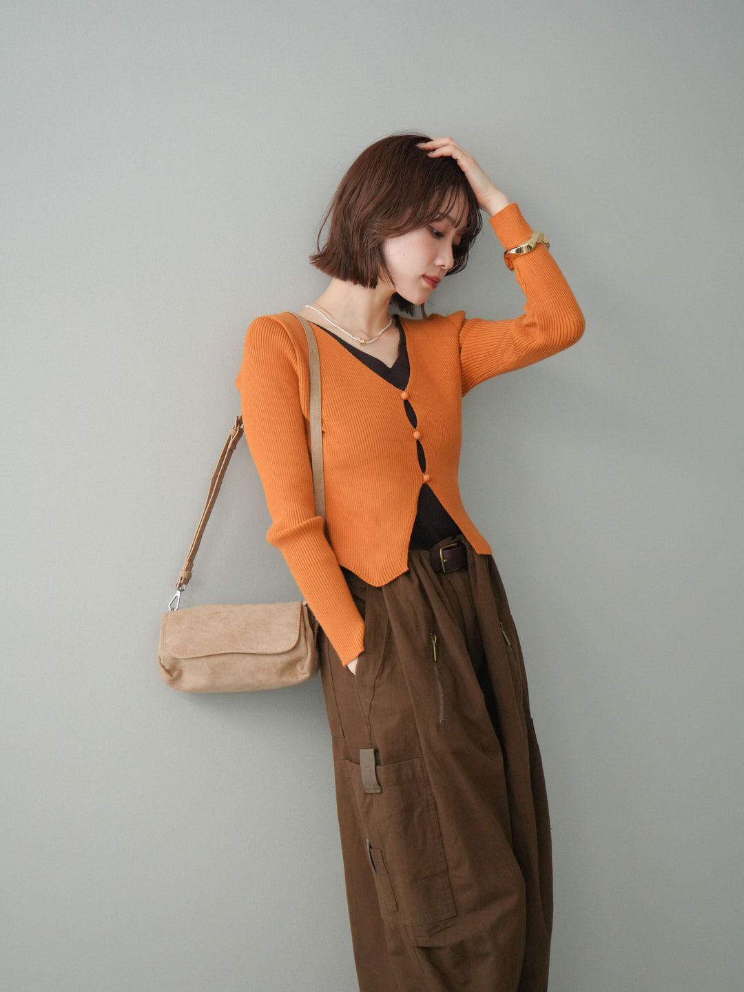 [予約]Vネック配色レイヤードスリットニットトップス/orange