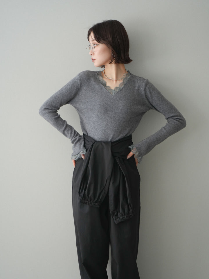 [SET]レースドッキングVネックニットトップス+ウエスト巻きデザインドロストコットンナイロンパンツ(2set)