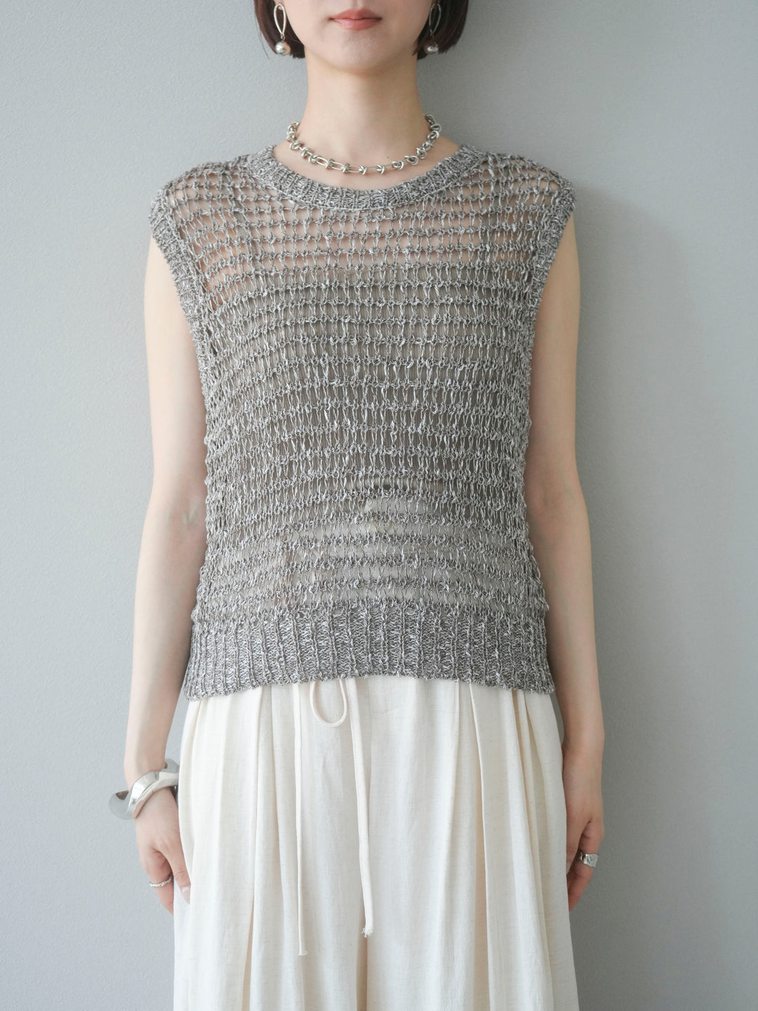 [預購] 混紗鏤空針織背心/棕色