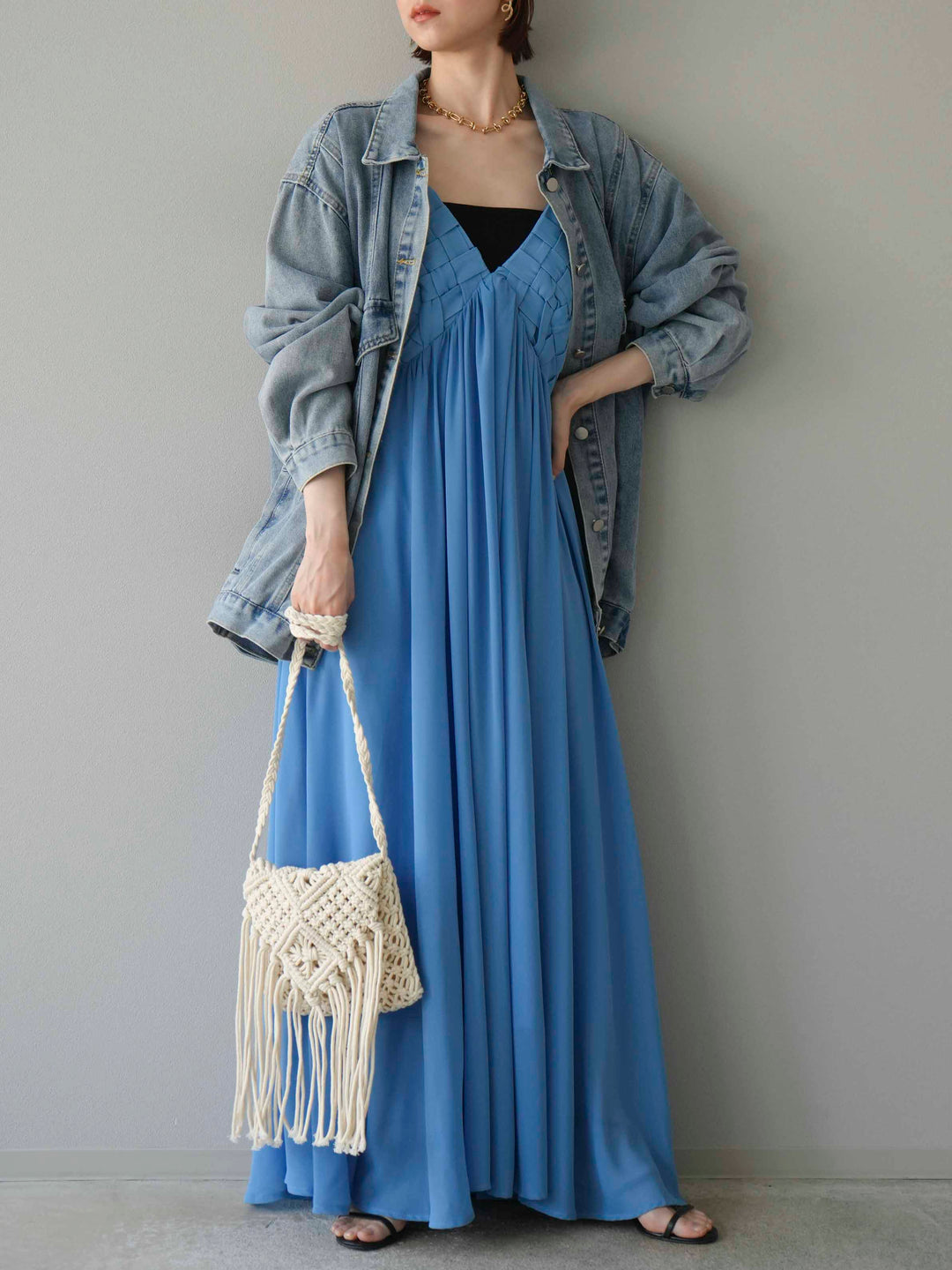 [予約]編み込みデザインシフォンワンピース/ブルー