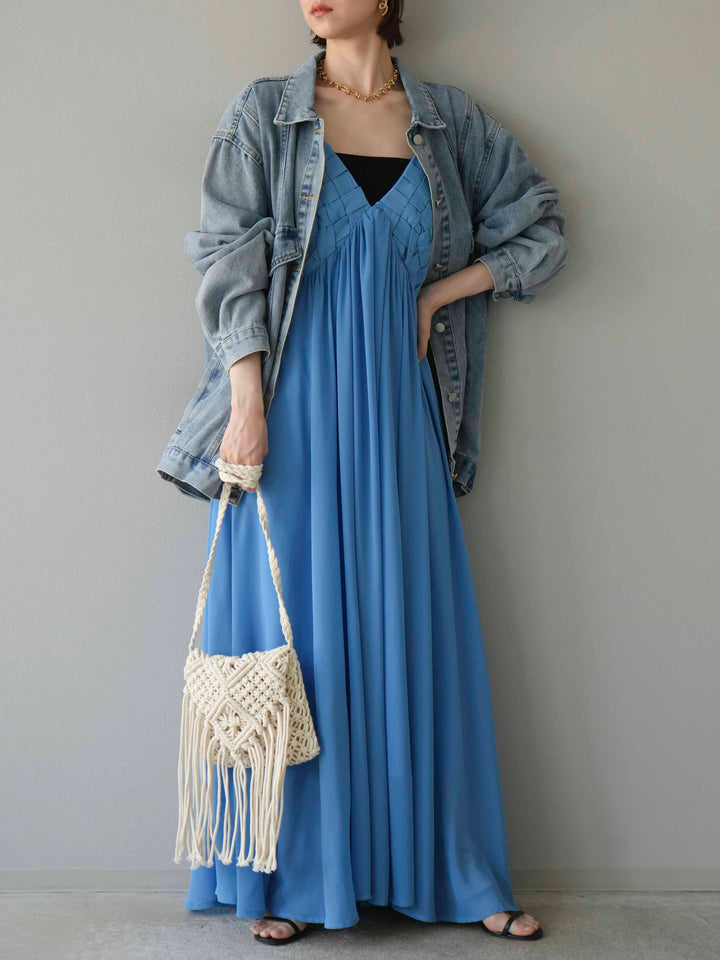 [予約]編み込みデザインシフォンワンピース/ブルー