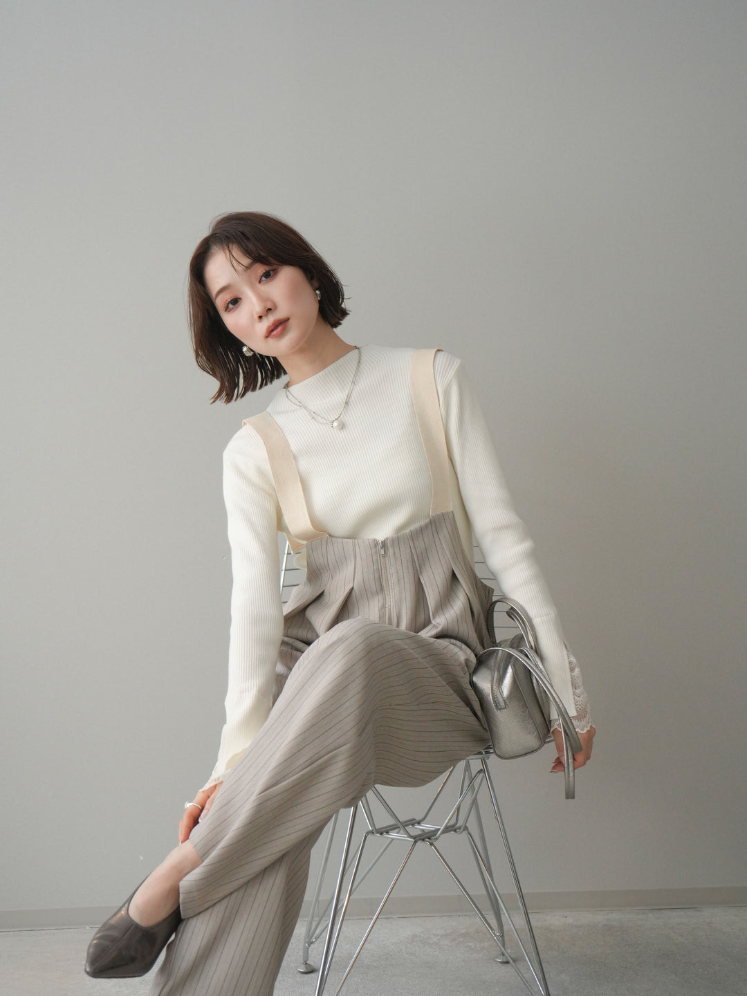 [予約]袖スカラップレースオフネックニットトップス/ivory