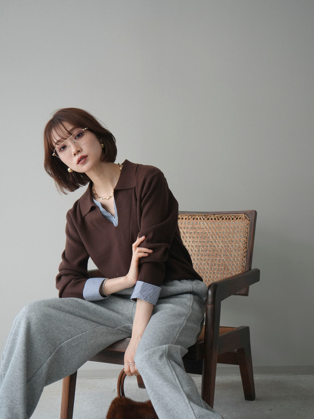 [予約]シャツレイヤードスキッパーニットプルオーバー/brown