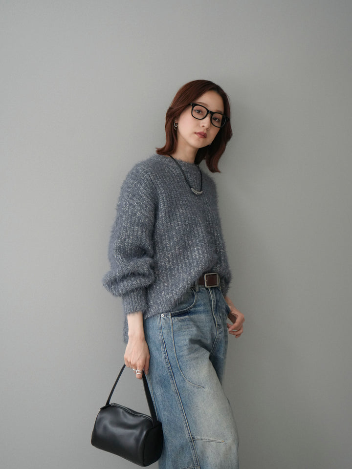 [SET]ボリュームスリーブシャギー MIXニットプルオーバー+ベルト付カーブデニムパンツ(2set)
