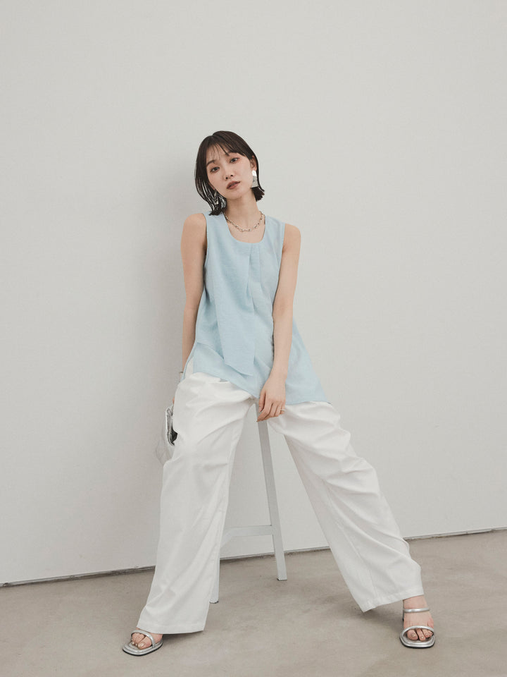 [SET] 透視褶皺不對稱上衣 + 設計環側褶褲 (2 件組)