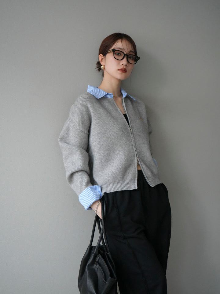 [SET]ストライプシャツレイヤードZIPニットカーディガン+2WAYデザインスウェットパンツ(2set)