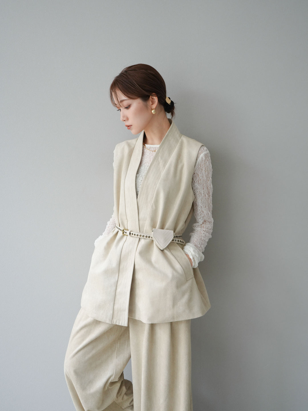 [SET]ポーチベルト付スウェードジレ×パンツSET UP(2set)