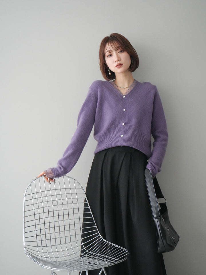 [SET]ドットチュールレイヤードボタンニットトップス+テープベルトタックバギーパンツ(2set)