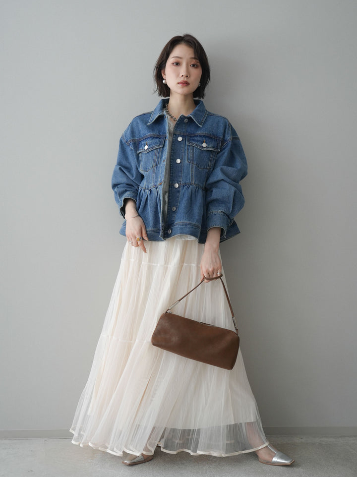 【套裝】荷葉邊牛仔外套+無袖緞面蕾絲吊帶背心+亮片褶皺多層薄紗長裙（三件套）