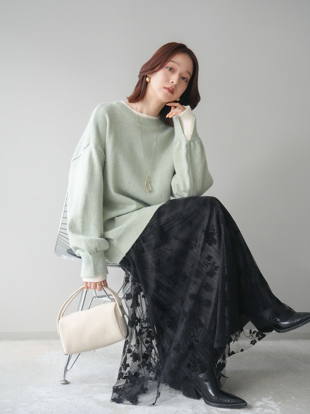 [SET]ヘンリーネック配色レイヤードニットプルオーバー+フラワーフロッキーチュールプリーツスカート(2set)