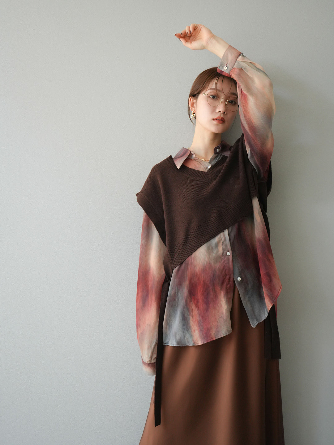 [予約]サイドリボンVネックショートニットベスト/ブラウン