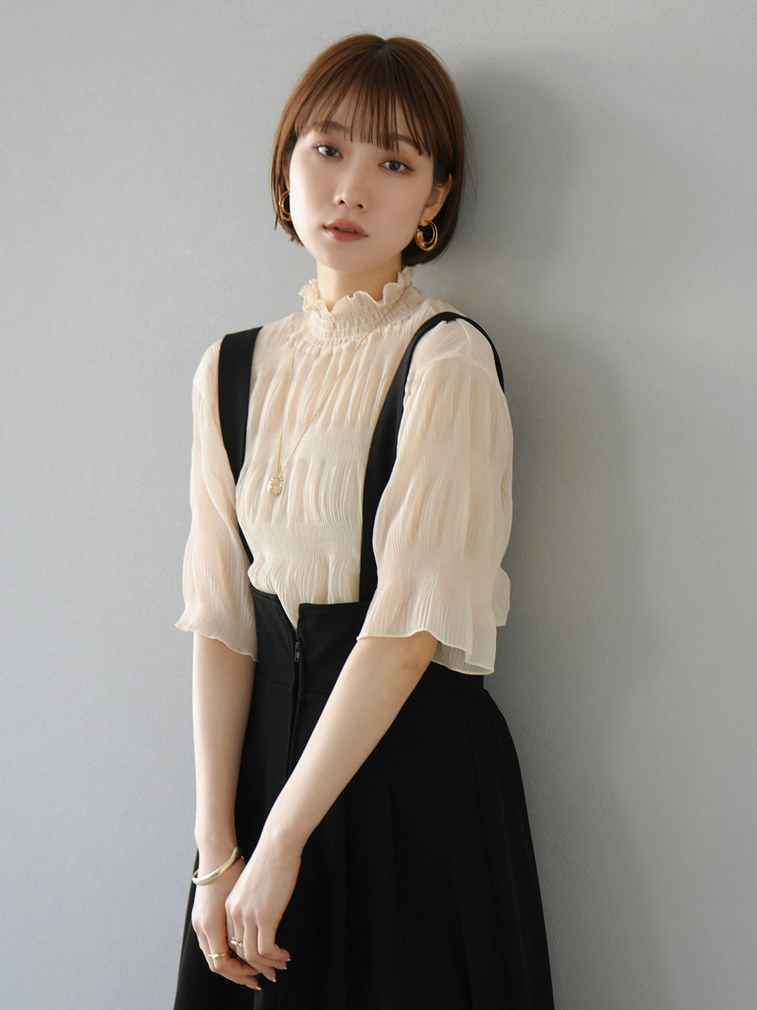 [SET] Shirring chiffon half sleeve blouse + 2WAY flare jumper skirt (2set)