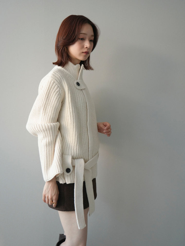[予約]畦編みボトルネックZIPニットカーディガン/white