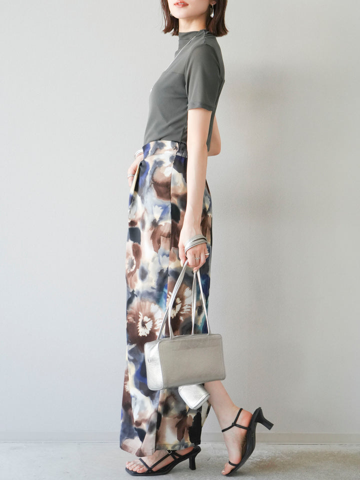 [SET] 透視半袖上衣 + 水彩印花褶襉I字裙 (2set)