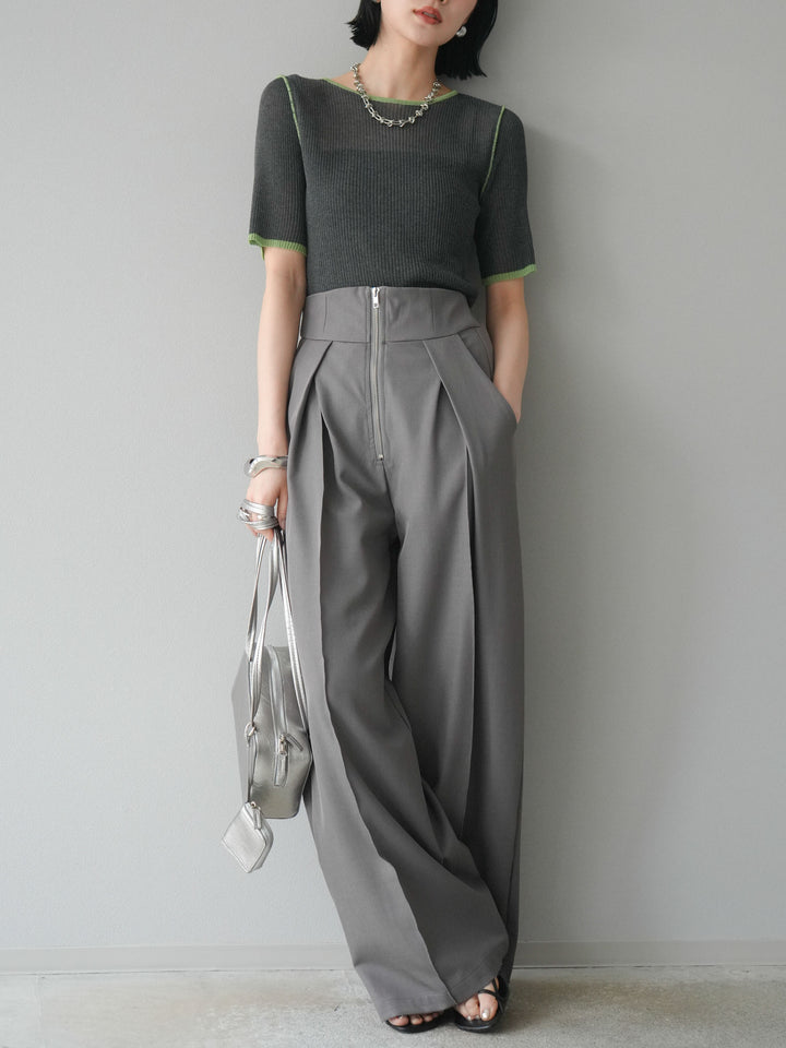 [予約]麻タッチ配色ニットハーフスリーブトップス/チャコール