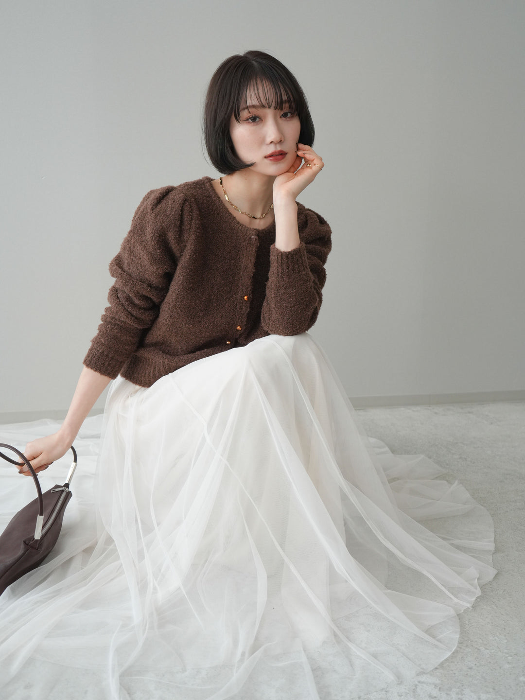 [SET]ゴールドボタンブークレニットカーディガン+チュールボリュームスカート(2set)