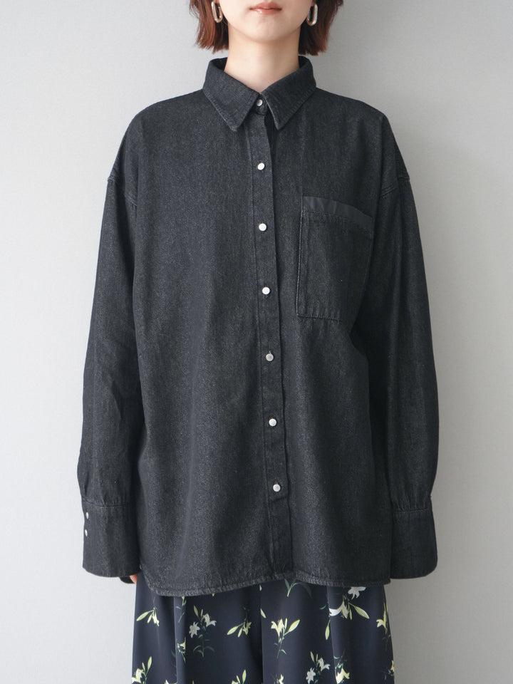 [予約]ポイントレザーオーバーデニムシャツ/black