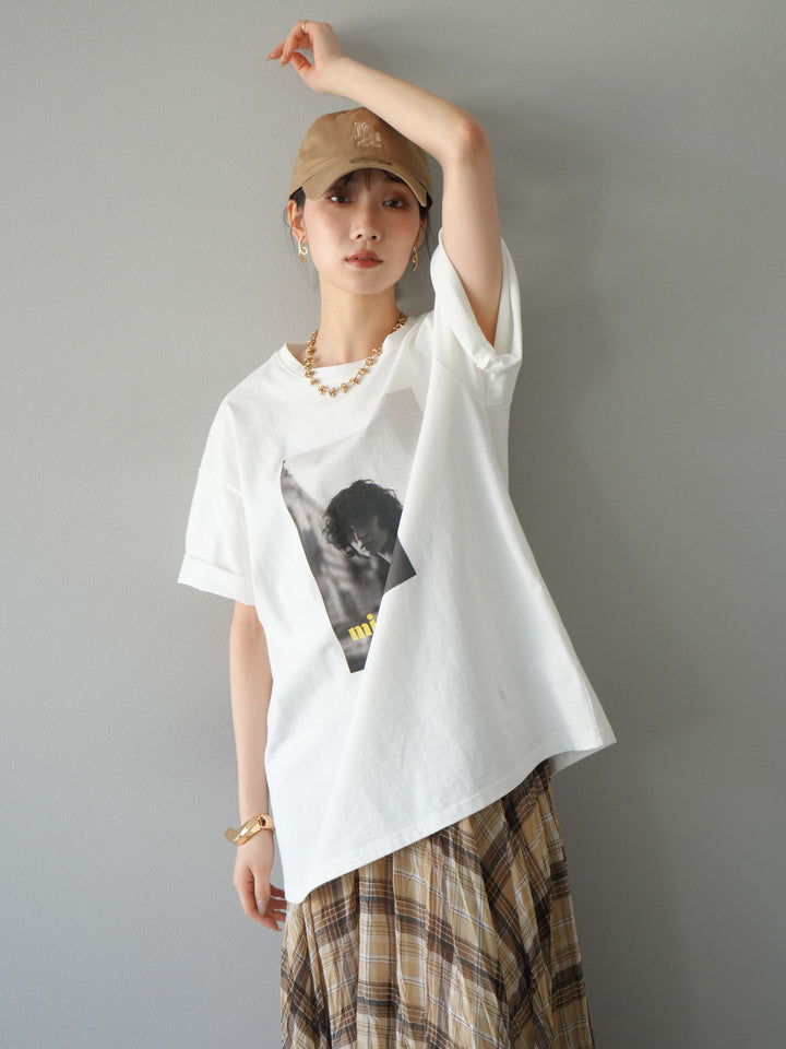[SET]ネオンロゴフォトプリントBIG Tシャツ+シアーチェックアシンメトリーワッシャースカート(2set)