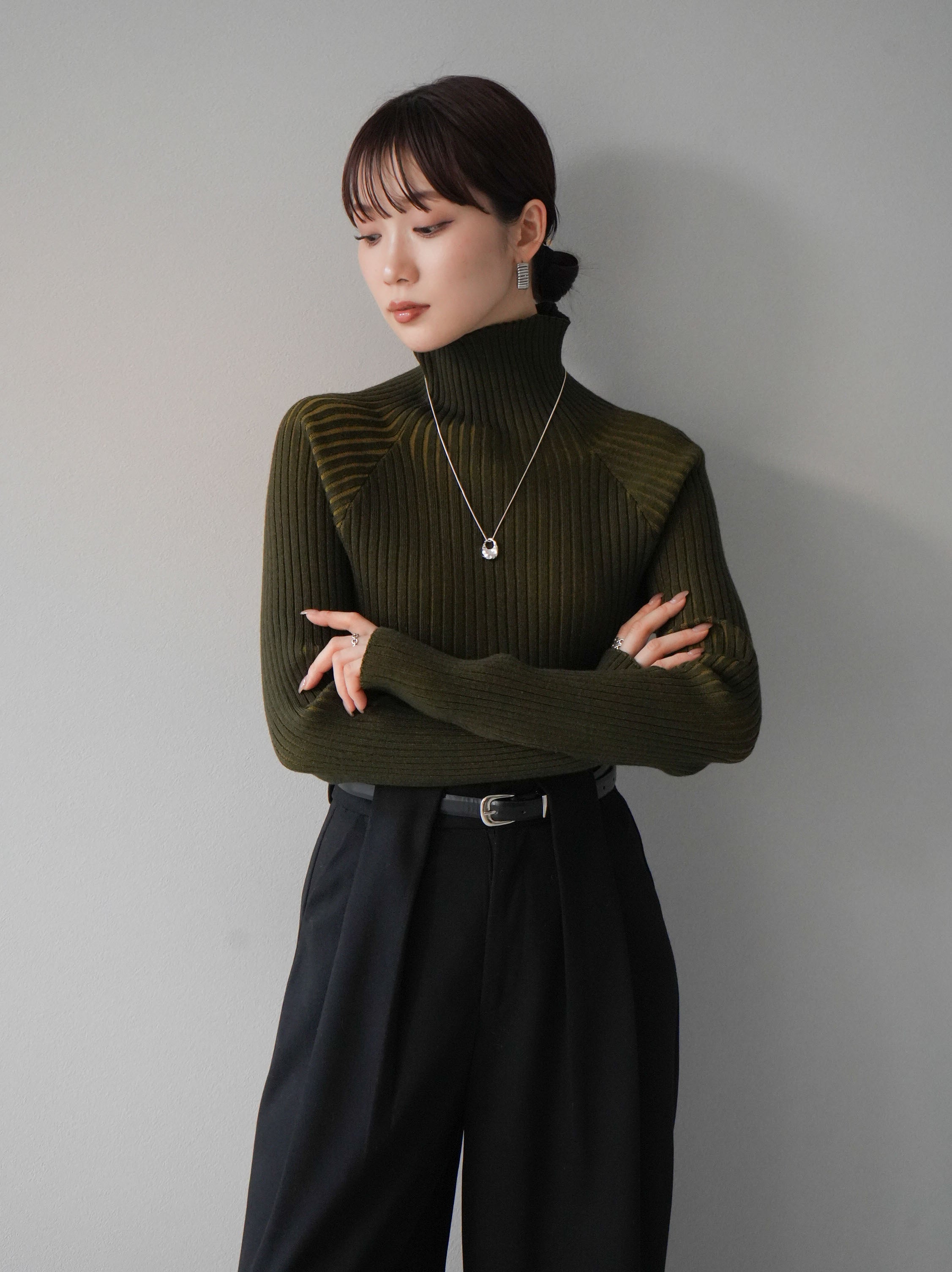 SET]バイカラーリブハイネックニットトップス+ベルト付ウールタッチ