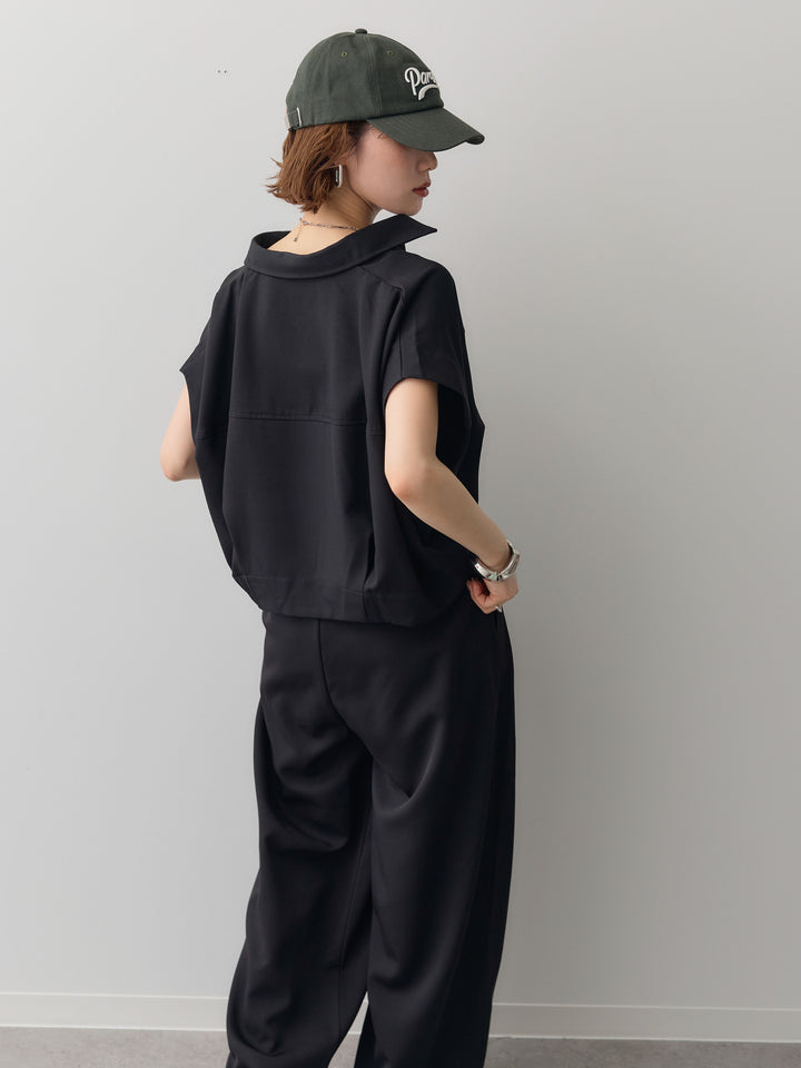 【套裝】縐綢燈籠無袖襯衫 + 縐綢闊腿褲（兩件套）