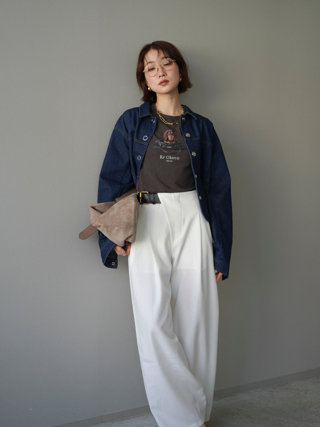 [SET]ラウンドカットコンパクトデニムジャケット+ドッグコンパクトTEE+アシンメトリーベルトタックワイドパンツ(3set)