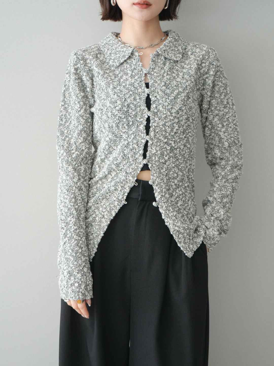 [SET]透かし編みブークレポロニットトップス+透かし編みブークレポロニットトップス(2set)