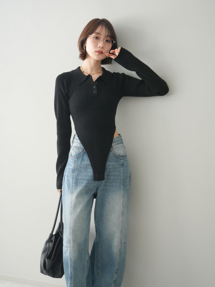 [予約]リブポロニットボディスーツ/black