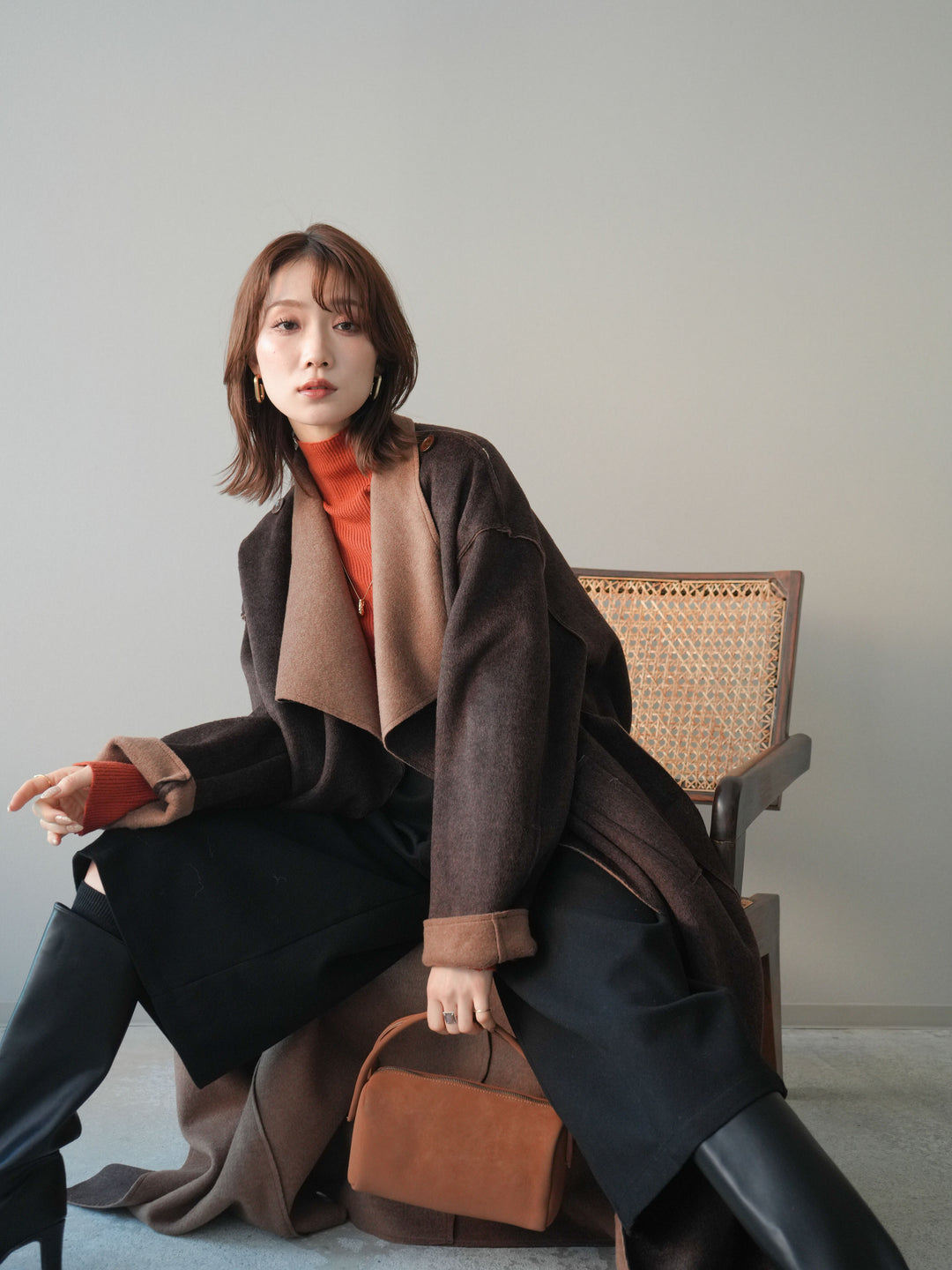 [予約]ダブルフェイスバイカラーロングコート/brown