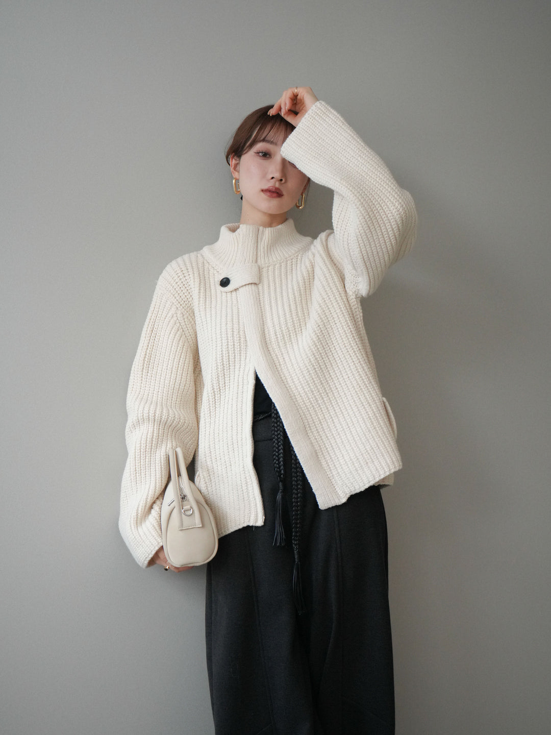 [SET]畦編みボトルネックZIPニットカーディガン+選べるアクセセット(2set)