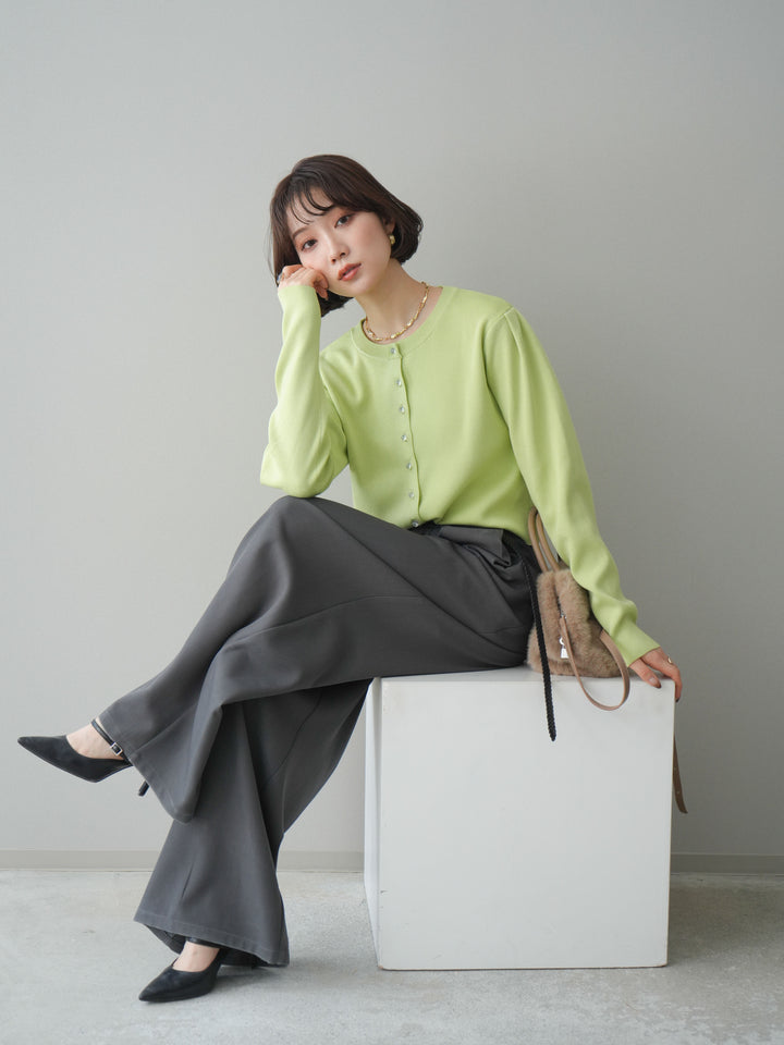 [SET]クリアボタンタックニットカーディガン+ベルトループデザインワイドパンツ(2set)