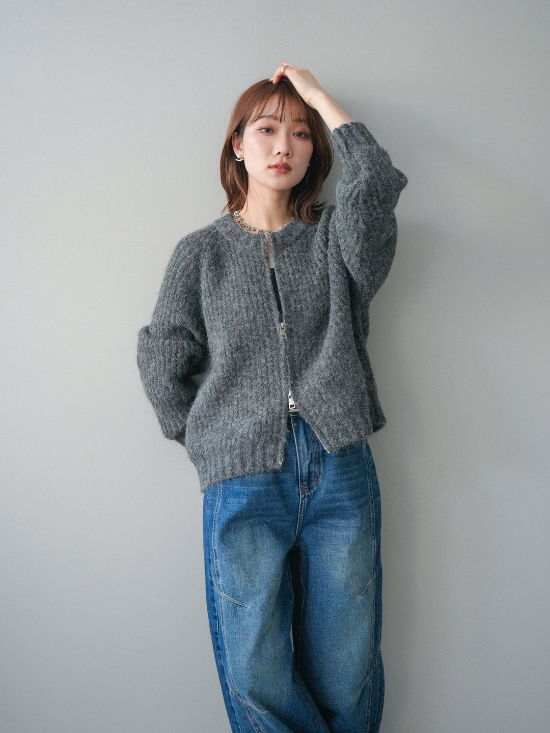 [予約]MIXヤーンモヘアタッチZIPニットカーディガン/gray