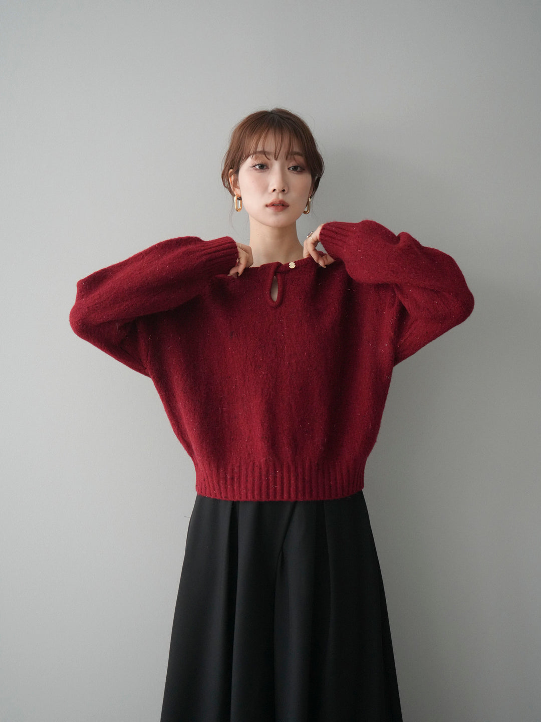 [予約]ツイストネックラメネップヤーンニットプルオーバー/red