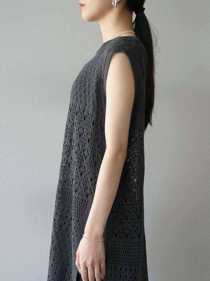 [Pre-order] Openwork side slit knit top/charcoal